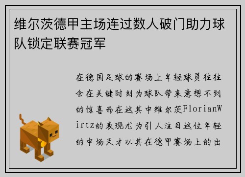 维尔茨德甲主场连过数人破门助力球队锁定联赛冠军